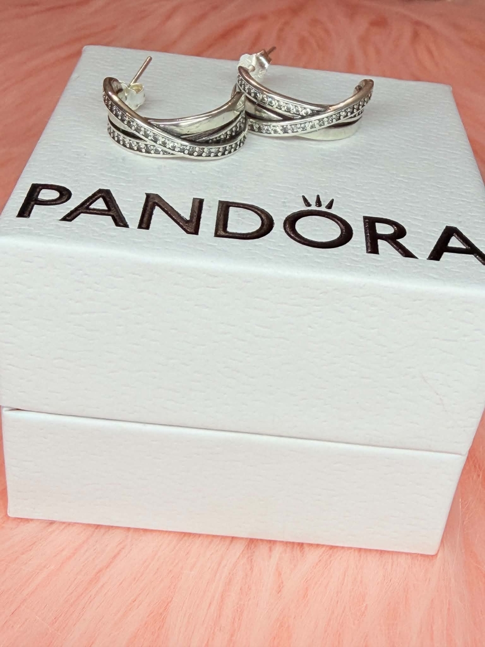 Pandora Silver Crisscross Hoop Earrings with Pavé Accents